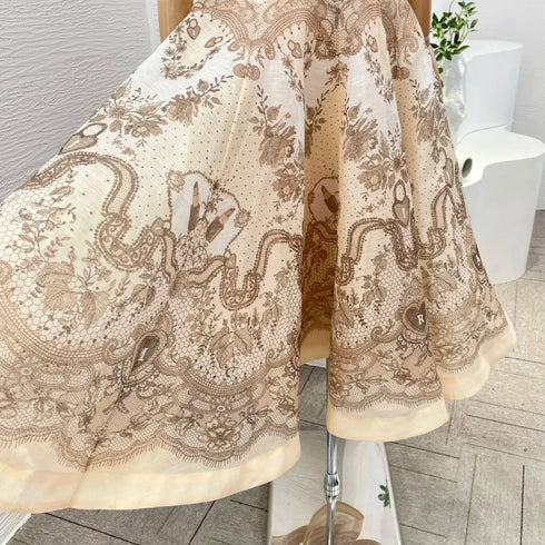 Elegant Floral Print Linen Silk Cut Out Strapless Midi Dress for Women